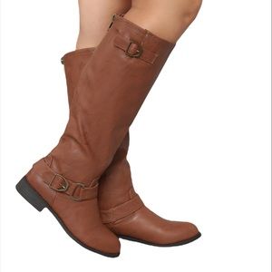 Light Brown faux leather tall boots with buckle detail- 7